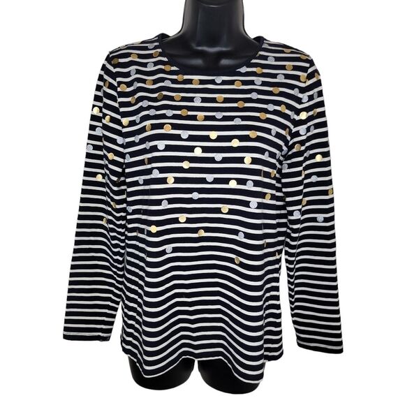 Talbots Women Striped Metallic Silver Gold Polka Dot Long Sleeve Cotton Top Med - Picture 2 of 5